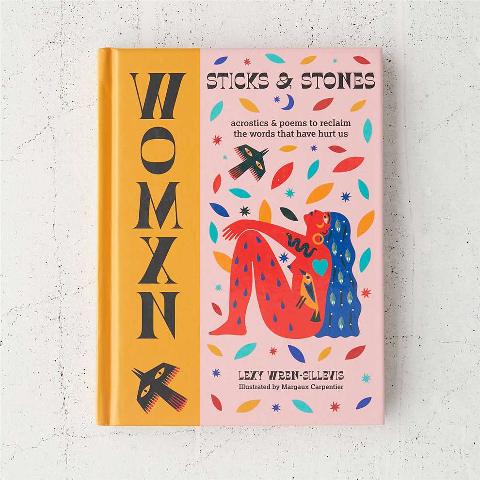 Margaux Carpentier, Book cover design for WOMXN: STICKS AND STONES
by Lexy Wren-Sillevis. A bold feminine character sitting looking up at birds on patterned background. 